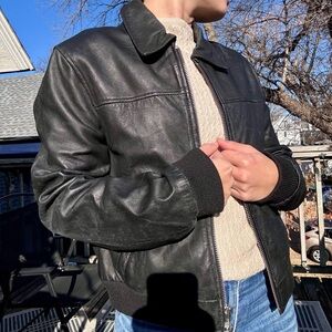 Classic Black Leather Bomber Jacket